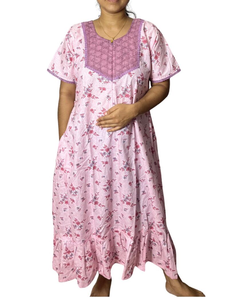 Feeding Frock Nighty with Hakoba Neck & 12" Center Zip – Cotton | Lace-Edged Sleeves (48” Length | 44” Width)