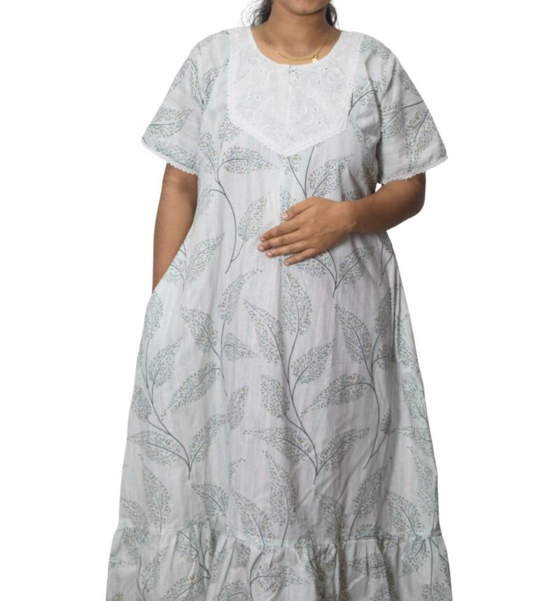 Feeding Frock Nighty with Hakoba Neck & 12" Center Zip – Cotton | Lace-Edged Sleeves (48” Length | 44” Width) (Copy)