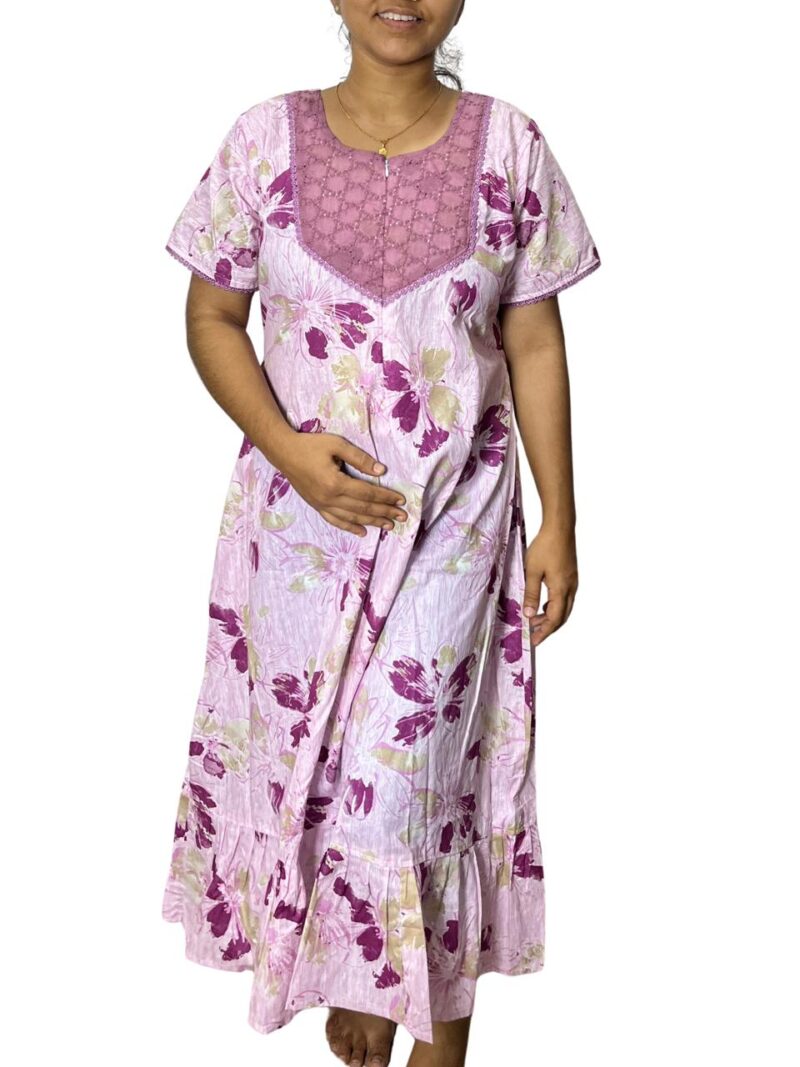 Feeding Frock Nighty with Hakoba Neck & 12" Center Zip – Cotton | Lace-Edged Sleeves (48” Length | 44” Width) (Copy) (Copy) (Copy)
