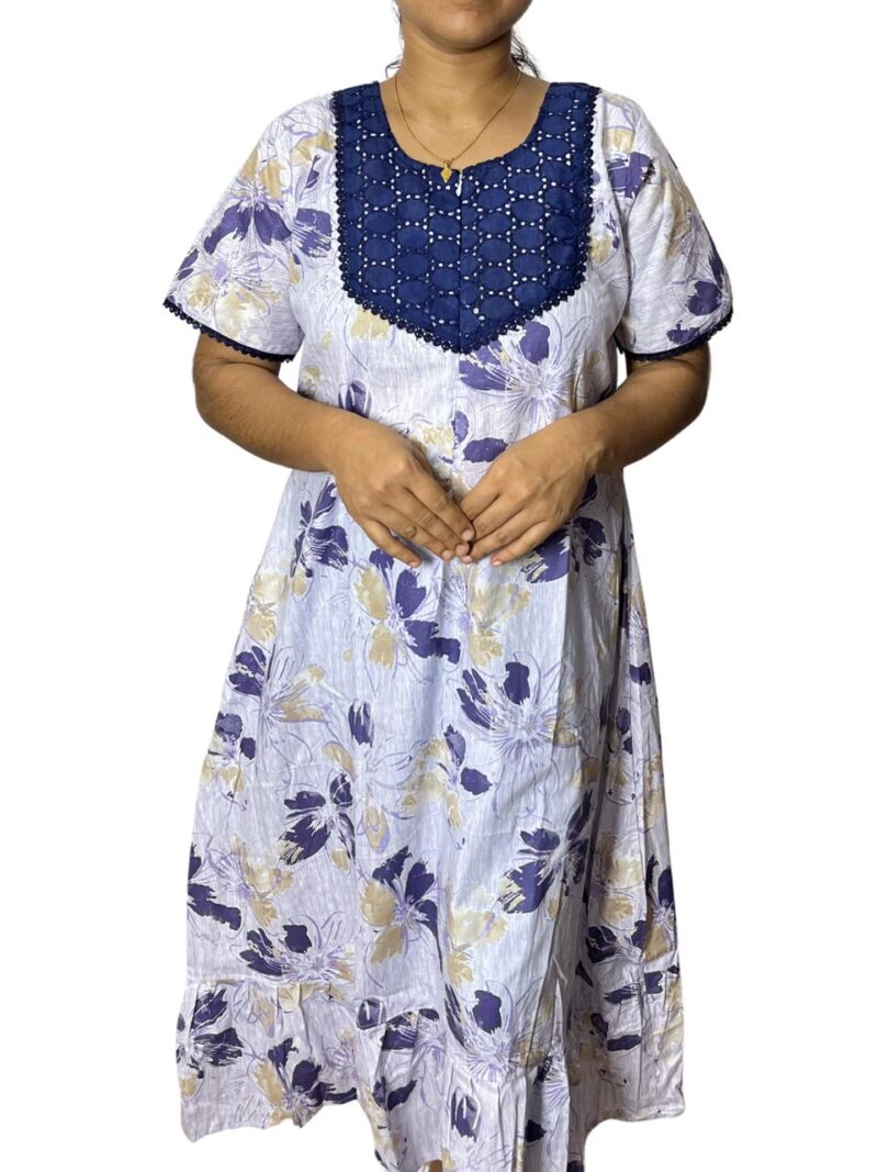 Feeding Frock Nighty with Hakoba Neck & 12" Center Zip – Cotton | Lace-Edged Sleeves (48” Length | 44” Width)