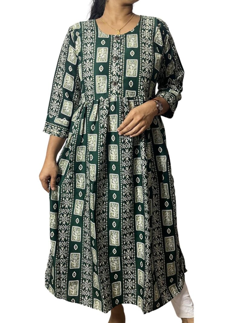 Women's Rayon Foil Printed Flared Kurti – Elegant A-Line Everyday Wear Kurti