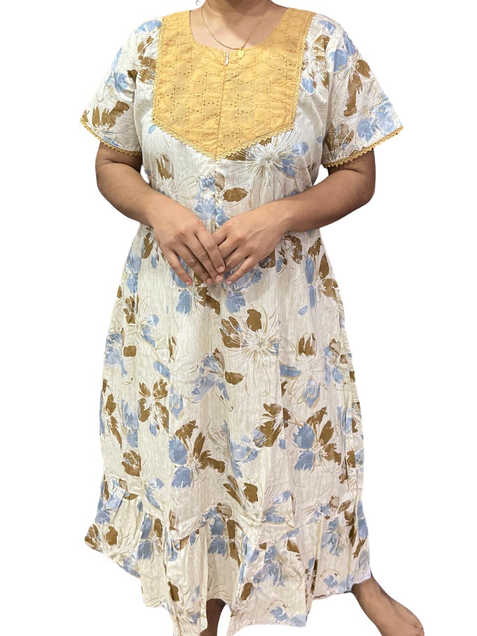 Feeding Frock Nighty with Hakoba Neck & 12" Center Zip – Cotton | Lace-Edged Sleeves (48” Length | 44” Width) (Copy)
