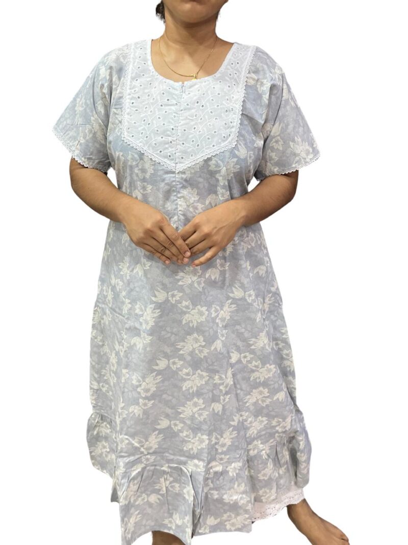Feeding Frock Nighty with Hakoba Neck & 12" Center Zip – Cotton | Lace-Edged Sleeves (48” Length | 44” Width)