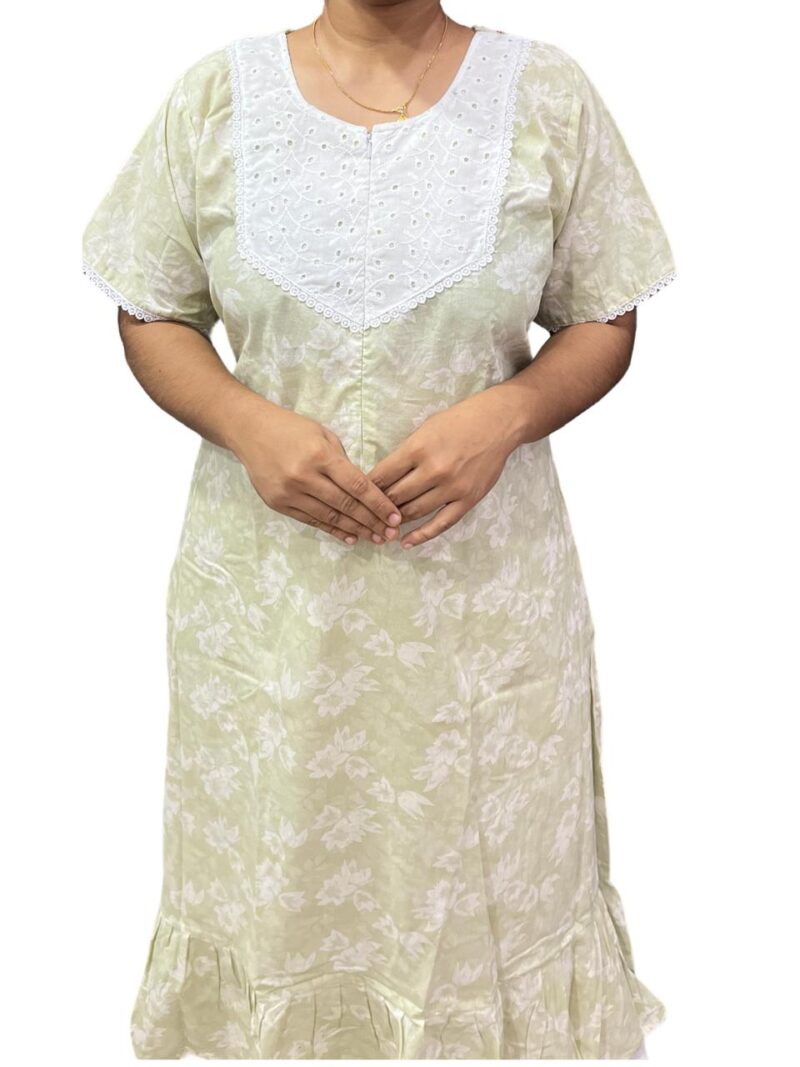 Feeding Frock Nighty with Hakoba Neck & 12" Center Zip – Cotton | Lace-Edged Sleeves (48” Length | 44” Width)