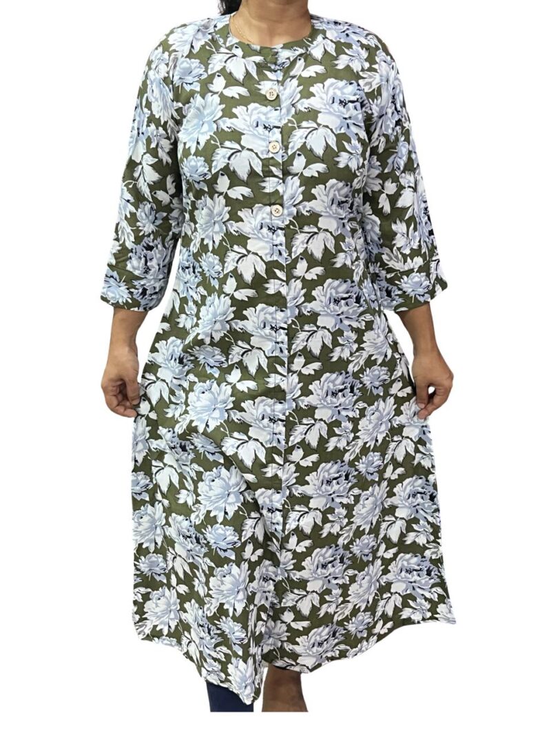 Elegant Rayon Printed Long Top for Women with Chinese Collar