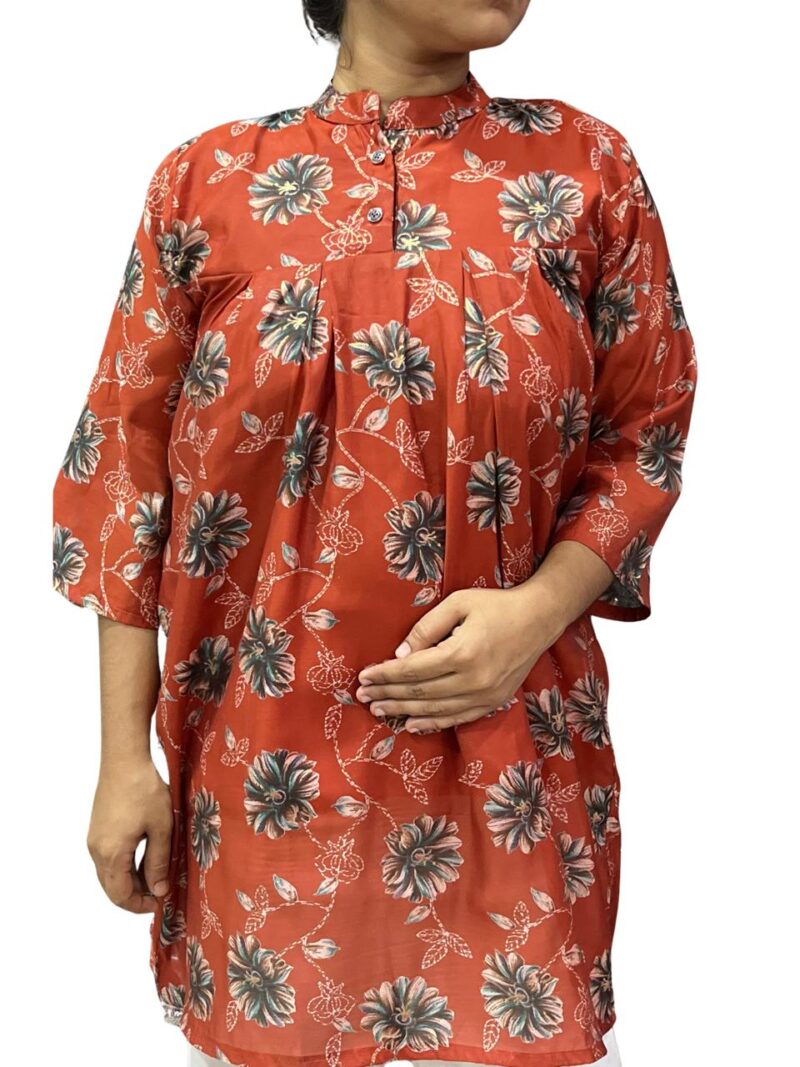 Women's Foil Printed Mal Chanderi Collar Neck Short Kurti