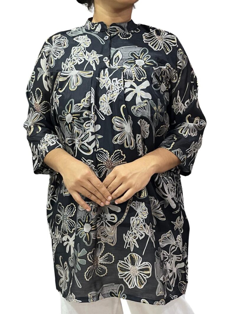 Women's Foil Printed Mal Chanderi Collar Neck Short Kurti