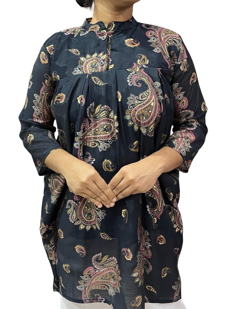 Women's Foil Printed Mal Chanderi Collar Neck Short Kurti