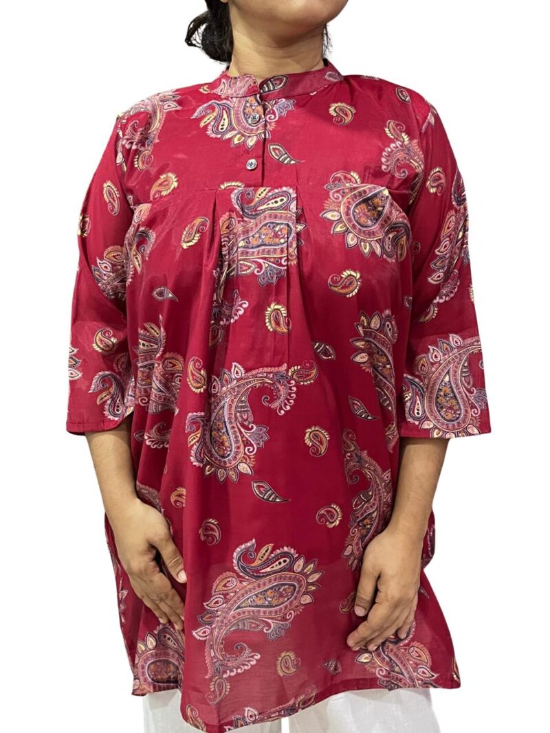 Women's Foil Printed Mal Chanderi Collar Neck Short Kurti