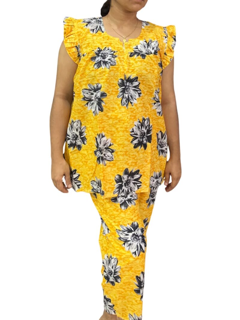 Yellow & Black Floral Feeding Night Dress with 12” Hidden Zip & Ruffled Sleeves – Cotton ₹480