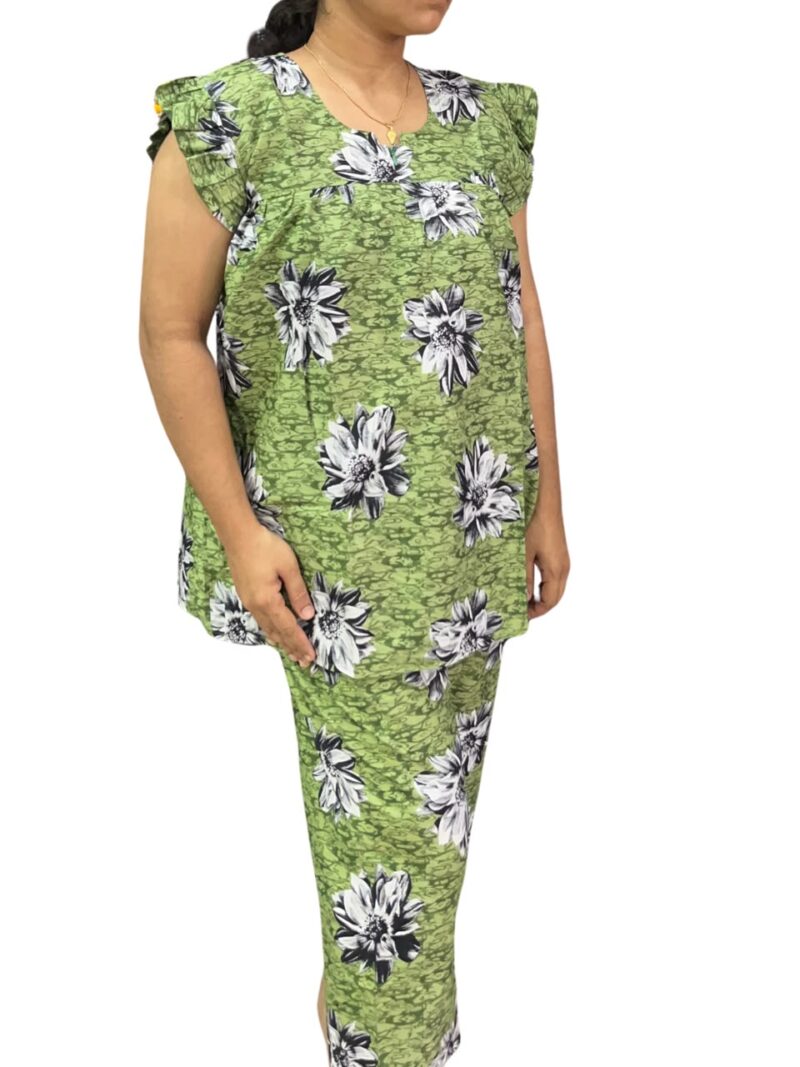 Green & Black Floral Feeding Night Dress with 12” Hidden Zip & Ruffled Sleeves – Cotton ₹480
