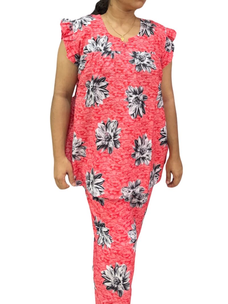 Red & Black Floral Feeding Night Dress with 12” Hidden Zip & Ruffled Sleeves – Cotton ₹480