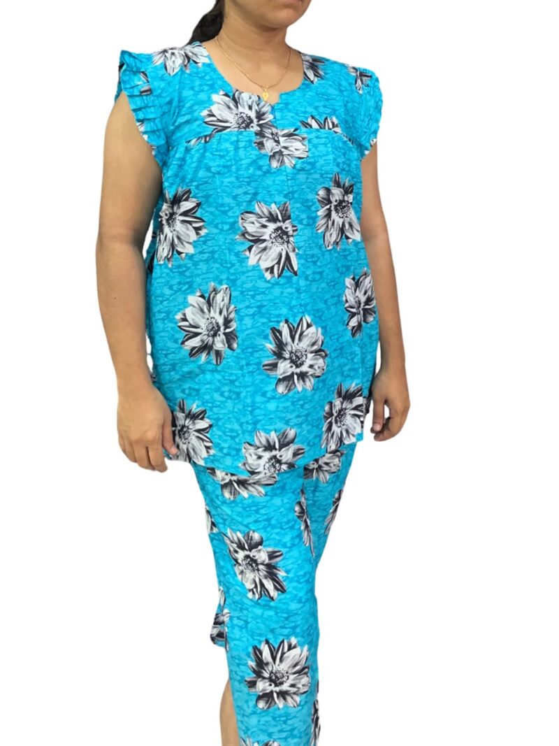 Blue & Black Floral Feeding Night Dress with 12” Hidden Zip & Ruffled Sleeves – Cotton ₹480