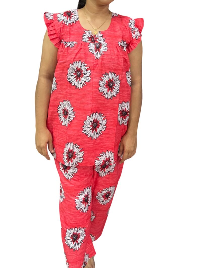 Red Daisy Floral Feeding Night Dress with 12” Invisible Zip & Ruffled Sleeves – Cotton Set ₹480