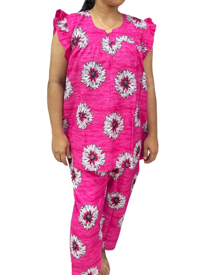 Pink Daisy Floral Feeding Night Dress with 12” Invisible Zip & Ruffled Sleeves – Cotton Set ₹480