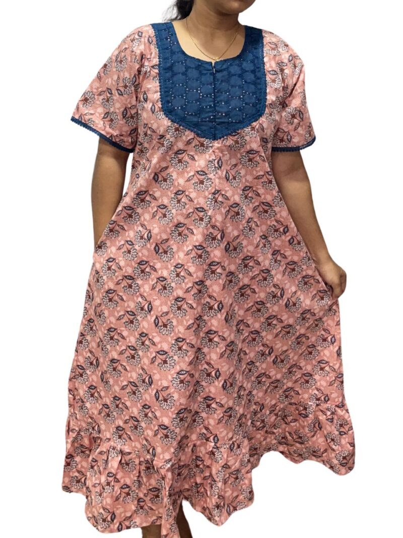 Feeding Frock Nighty with Hakoba Neck & 12" Center Zip – Cotton | Lace-Edged Sleeves (48” Length | 44” Width)