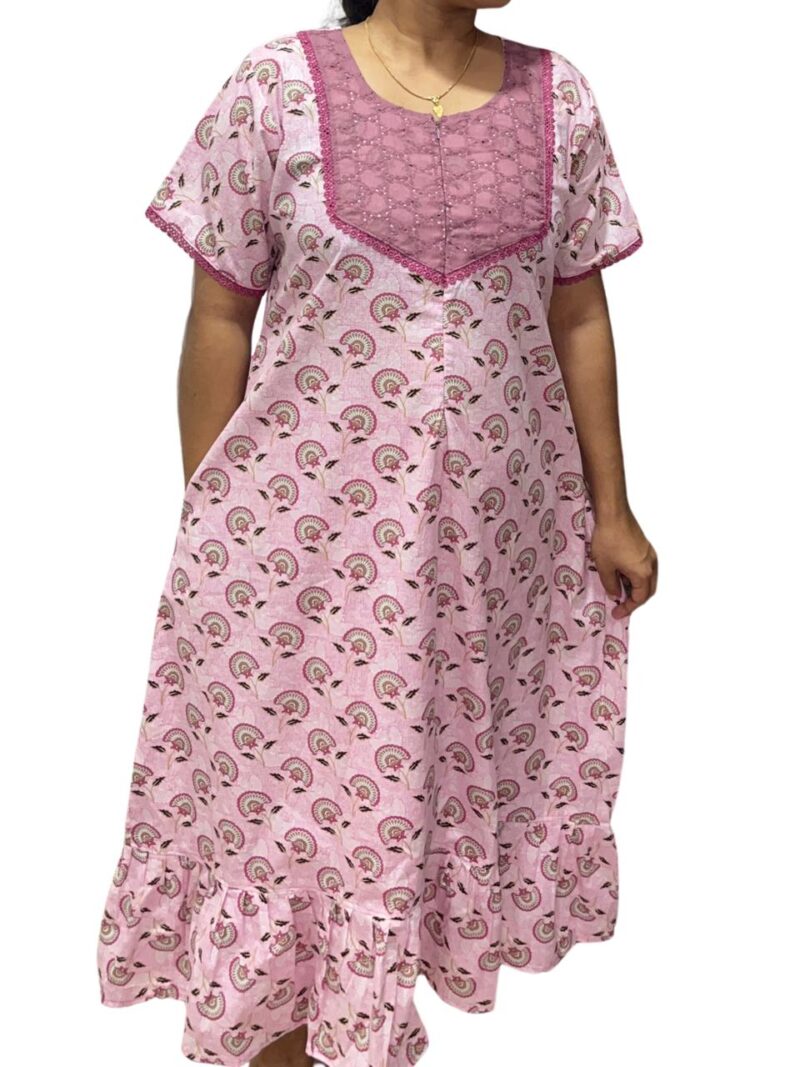 Feeding Frock Nighty with Hakoba Neck & 12" Center Zip – Cotton | Lace-Edged Sleeves (48” Length | 44” Width)