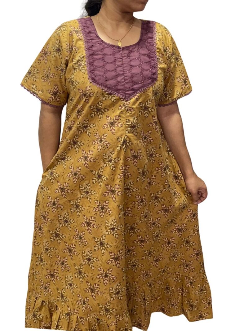 Feeding Frock Nighty with Hakoba Neck & 12" Center Zip – Cotton | Lace-Edged Sleeves (48” Length | 44” Width)