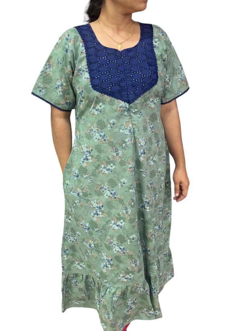 Feeding Frock Nighty with Hakoba Neck & 12" Center Zip – Cotton | Lace-Edged Sleeves (48” Length | 44” Width)