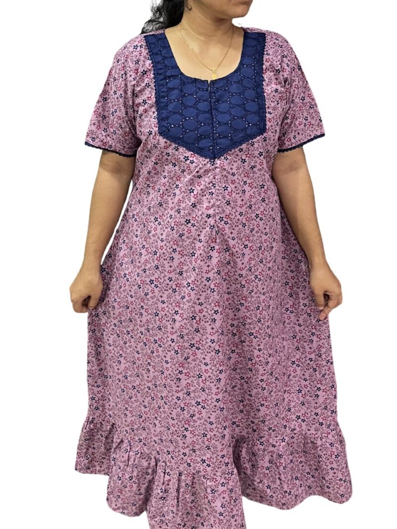 Plus Size Feeding Frock Nighty with Hakoba Neck & 12" Center Zip – Cotton | Lace-Edged Sleeves (48” Length | 48” Width)