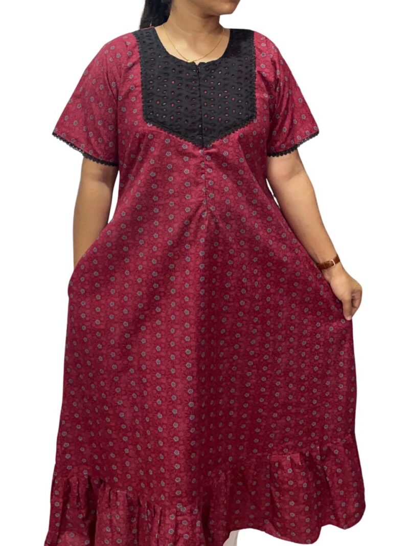 Feeding Frock Nighty with Hakoba Neck & 12" Center Zip – Cotton | Lace-Edged Sleeves (48” Length | 44” Width)