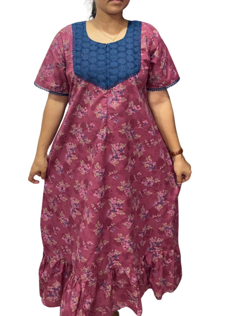 Feeding Frock Nighty with Hakoba Neck & 12" Center Zip – Cotton | Lace-Edged Sleeves (48” Length | 44” Width)