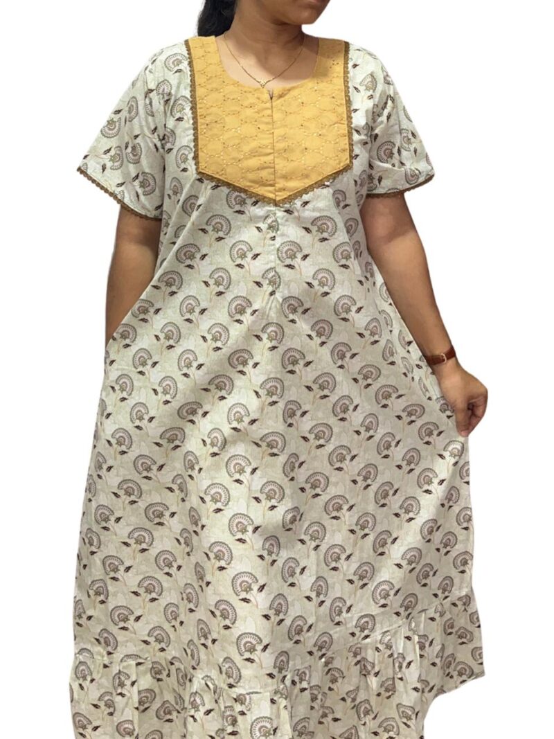Feeding Frock Nighty with Hakoba Neck & 12" Center Zip – Cotton | Lace-Edged Sleeves (48” Length | 44” Width)