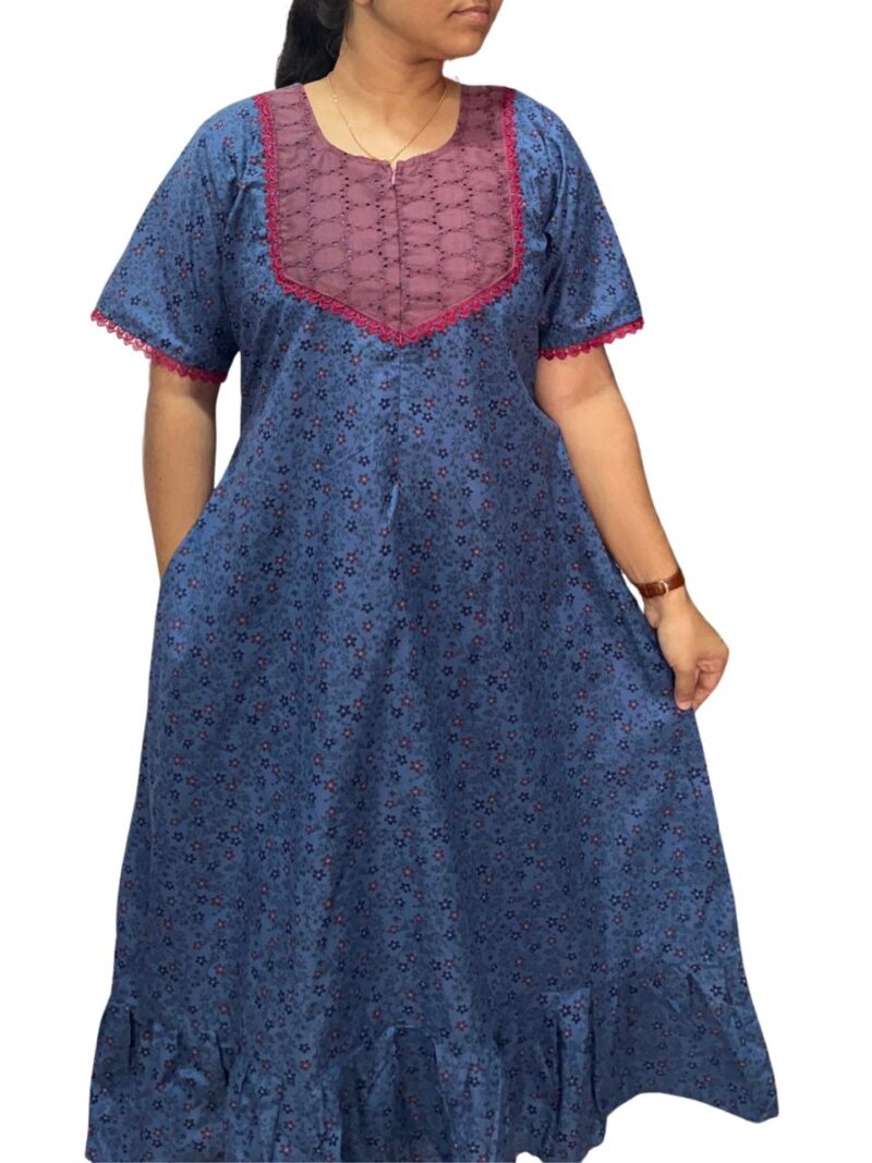 Feeding Frock Nighty with Hakoba Neck & 12" Center Zip – Cotton | Lace-Edged Sleeves (48” Length | 44” Width)