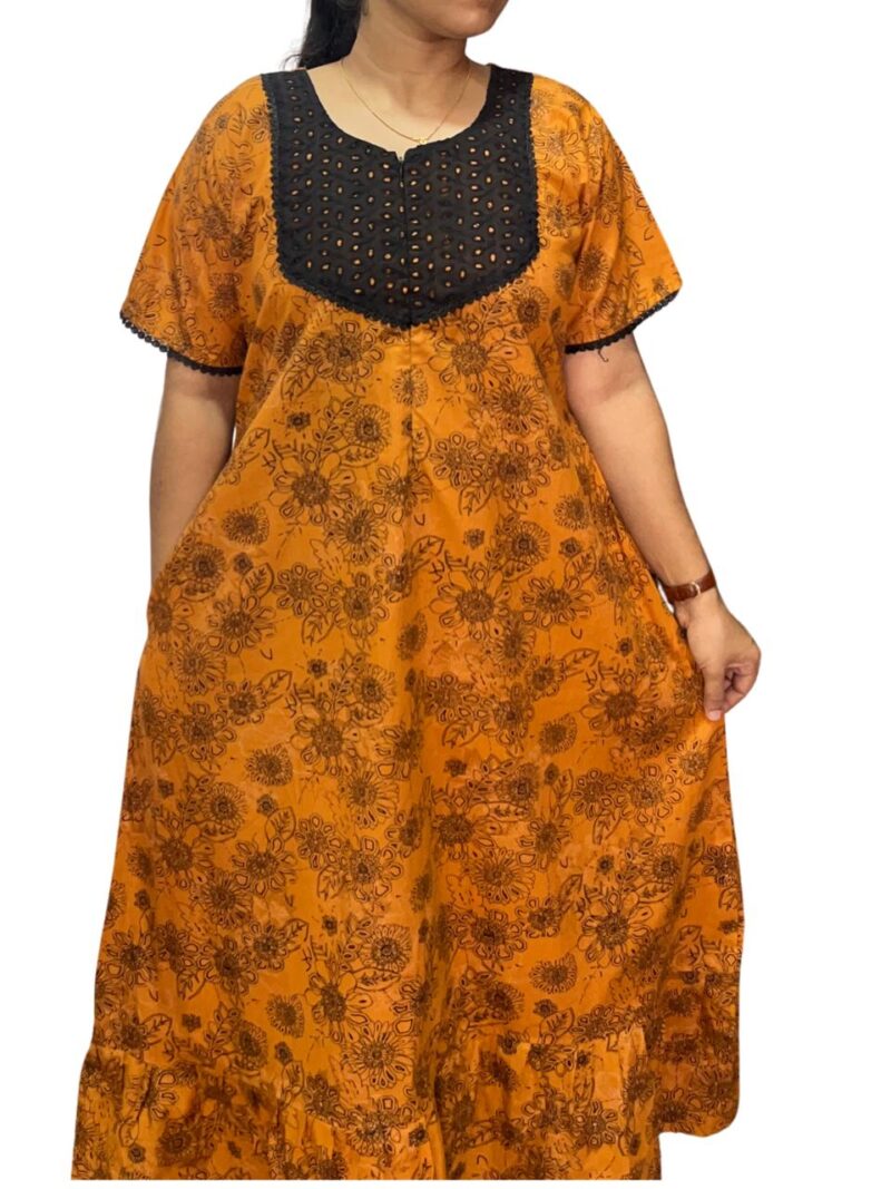 Feeding Frock Nighty with Hakoba Neck & 12" Center Zip – Cotton | Lace-Edged Sleeves (48” Length | 44” Width)