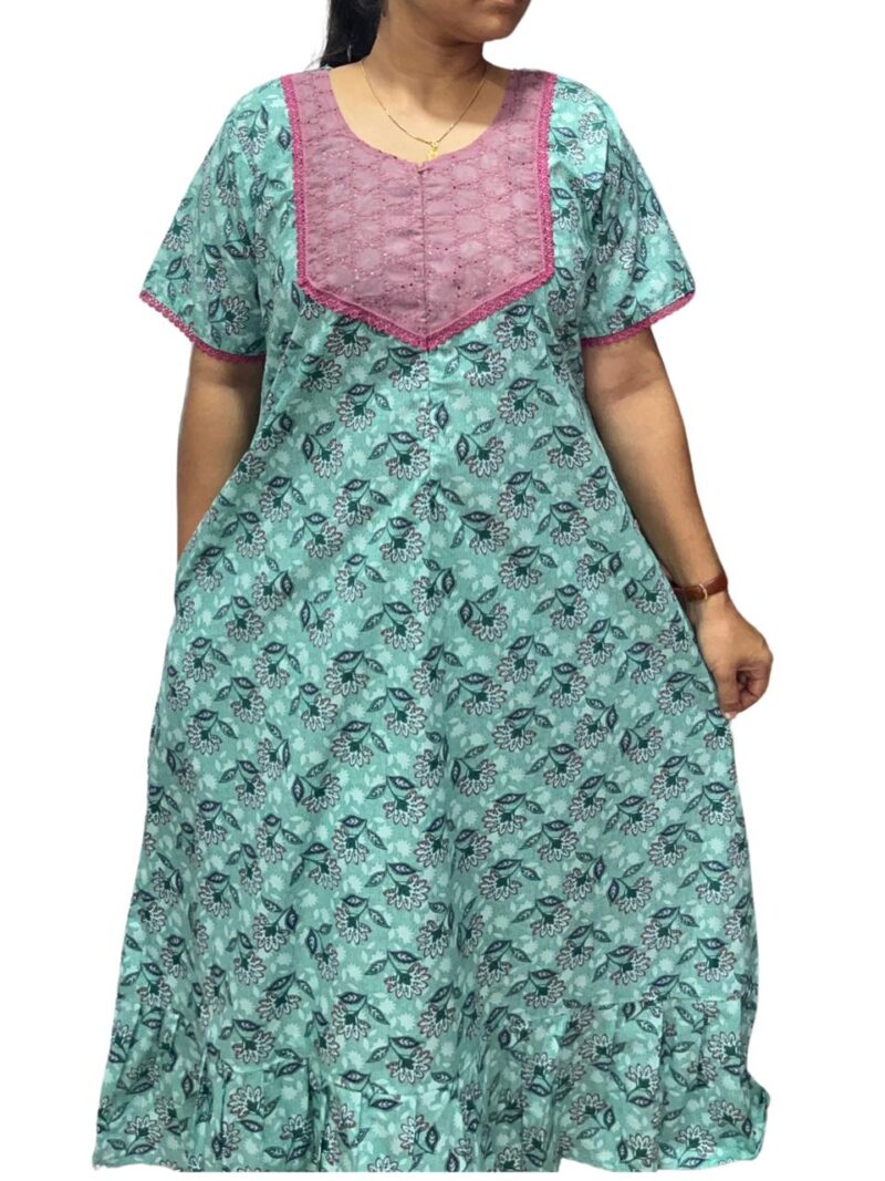 Feeding Frock Nighty with Hakoba Neck & 12" Center Zip – Cotton | Lace-Edged Sleeves (48” Length | 44” Width)