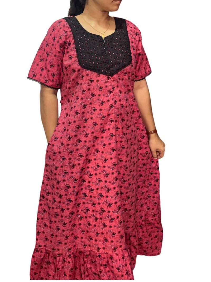 Feeding Frock Nighty with Hakoba Neck & 12" Center Zip – Cotton | Lace-Edged Sleeves (48” Length | 44” Width) (Copy)
