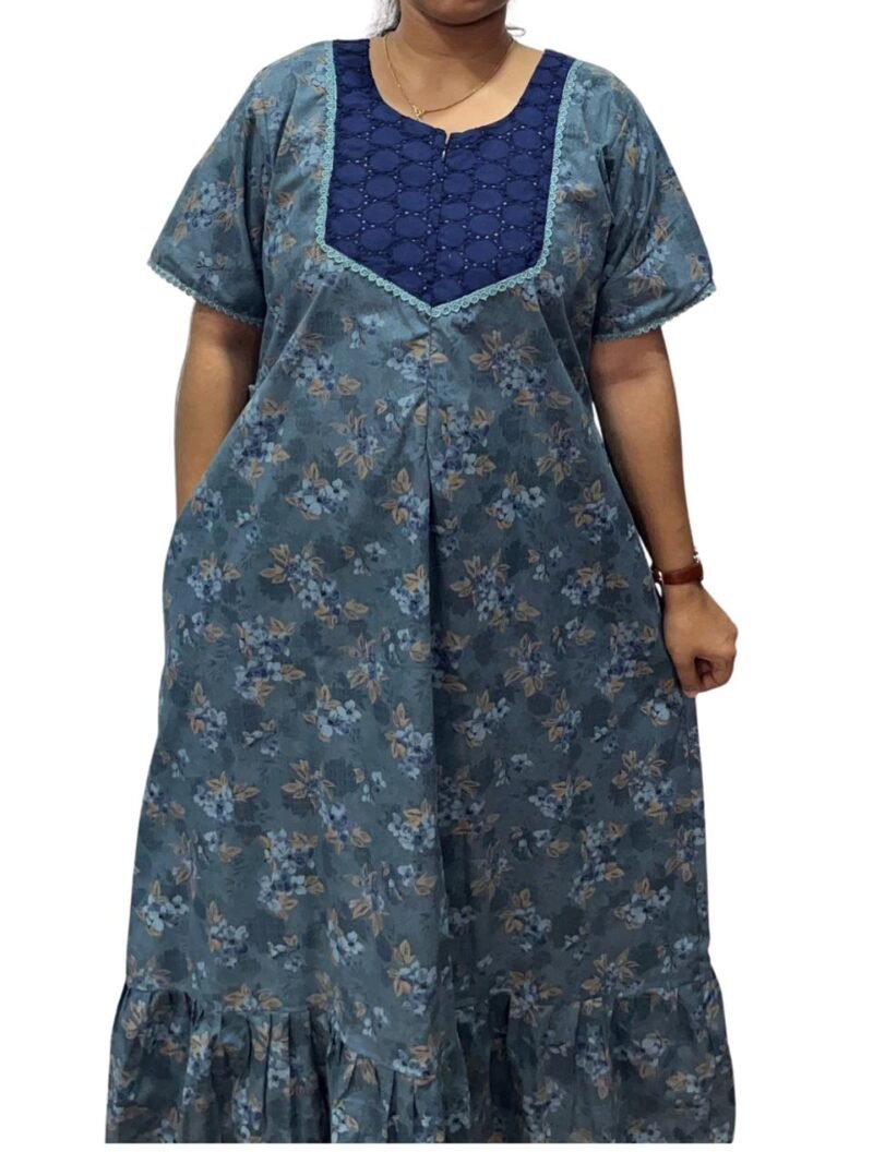 Feeding Frock Nighty with Hakoba Neck & 12" Center Zip – Cotton | Lace-Edged Sleeves (48” Length | 44” Width)