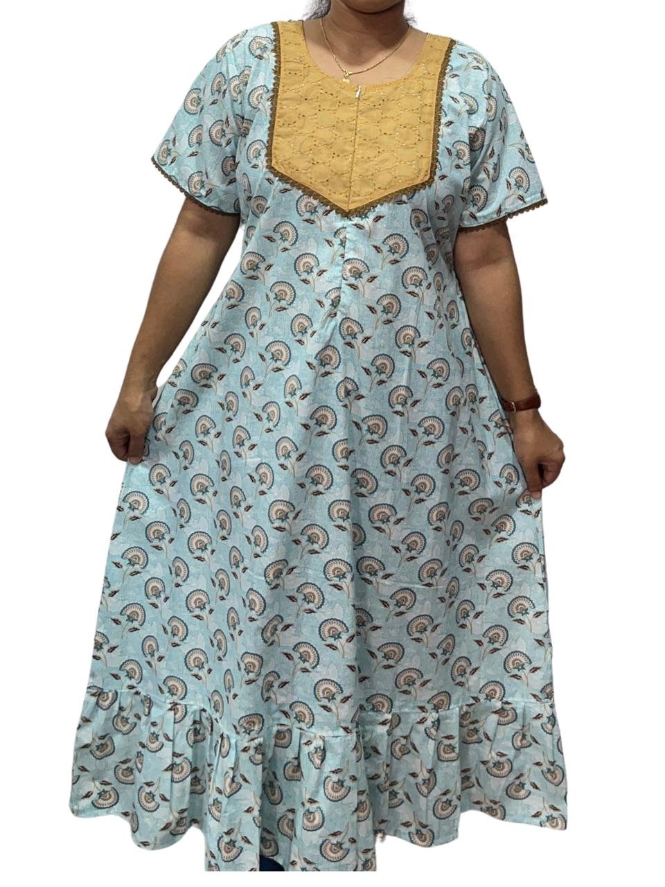 Feeding Frock Nighty with Hakoba Neck & 12" Center Zip – Cotton | Lace-Edged Sleeves (48” Length | 44” Width)