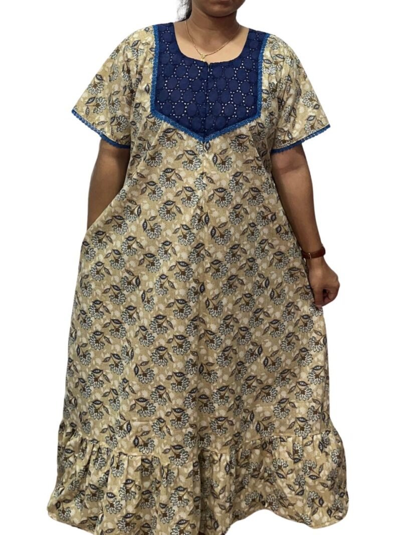 Feeding Frock Nighty with Hakoba Neck & 12" Center Zip – Cotton | Lace-Edged Sleeves (48” Length | 44” Width)
