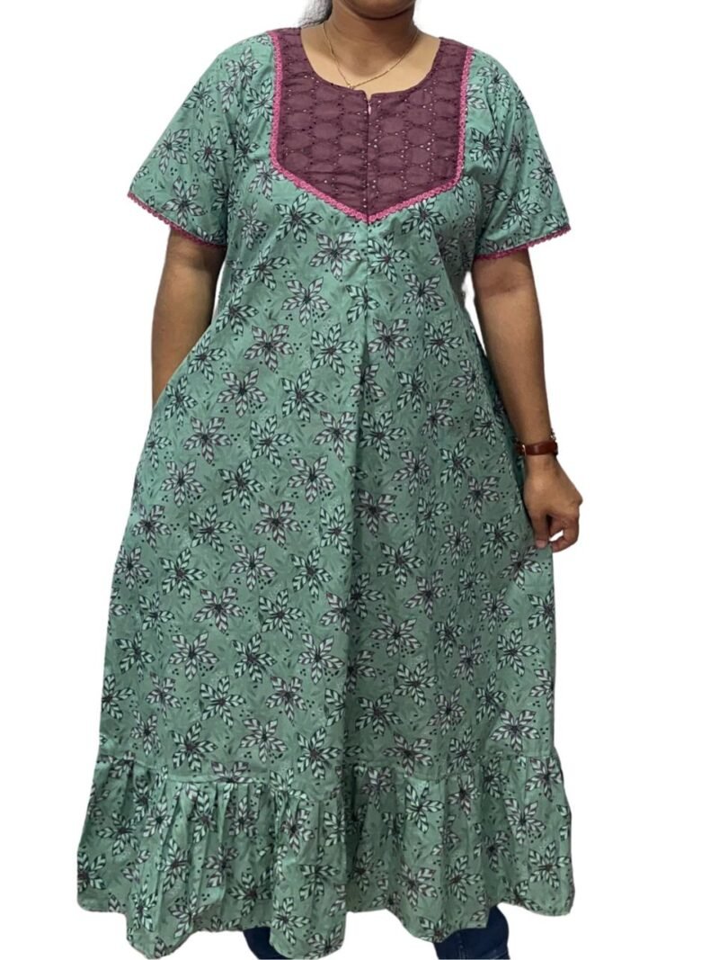 Feeding Frock Nighty with Hakoba Neck & 12" Center Zip – Cotton | Lace-Edged Sleeves (48” Length | 44” Width)