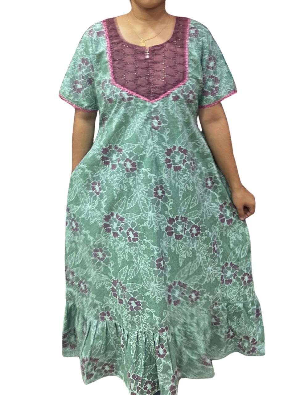 Feeding Frock Nighty with Hakoba Neck & 12" Center Zip – Cotton | Lace-Edged Sleeves (48” Length | 44” Width)