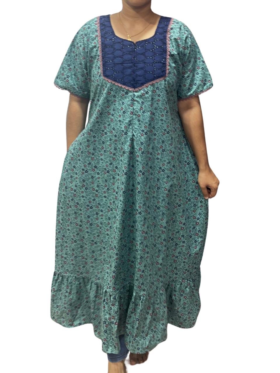 Feeding Frock Nighty with Hakoba Neck & 12" Center Zip – Cotton | Lace-Edged Sleeves (48” Length | 44” Width)