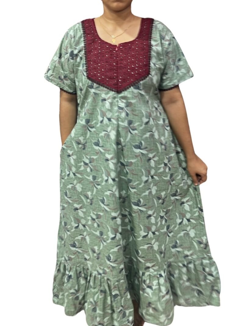 Feeding Frock Nighty with Hakoba Neck & 12" Center Zip – Cotton | Lace-Edged Sleeves (48” Length | 44” Width)