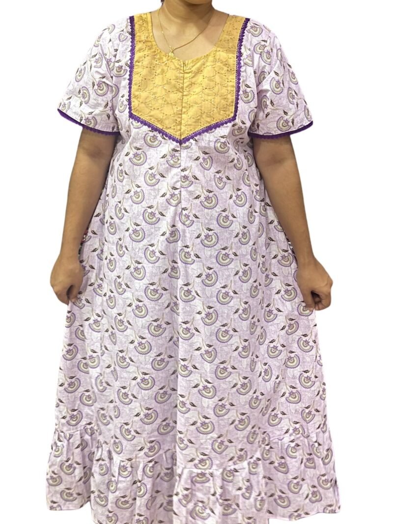 Feeding Frock Nighty with Hakoba Neck & 12" Center Zip – Cotton | Lace-Edged Sleeves (48” Length | 44” Width)