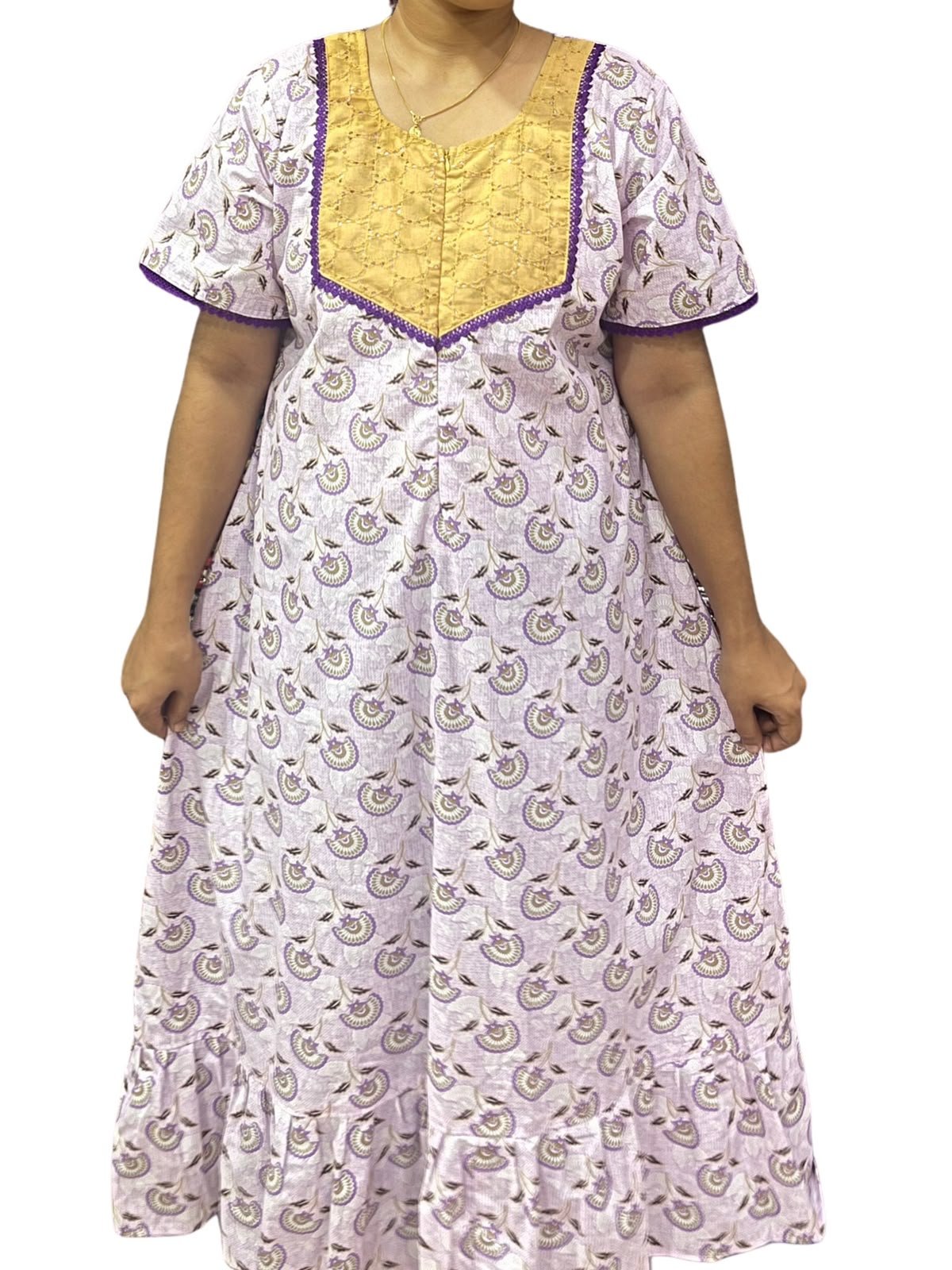 Feeding Frock Nighty with Hakoba Neck & 12" Center Zip – Cotton | Lace-Edged Sleeves (48” Length | 44” Width)