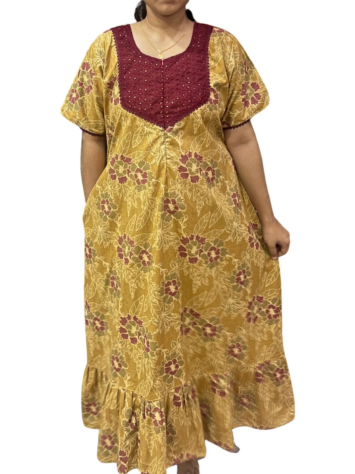 Feeding Frock Nighty with Hakoba Neck & 12" Center Zip – Cotton | Lace-Edged Sleeves (48” Length | 44” Width)