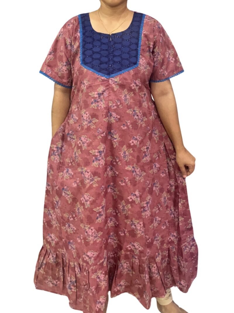 Feeding Frock Nighty with Hakoba Neck & 12" Center Zip – Cotton | Lace-Edged Sleeves (48” Length | 44” Width)